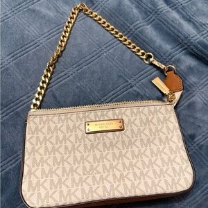 Michael Kors Monogram Beige Wristlet with Gold Chain